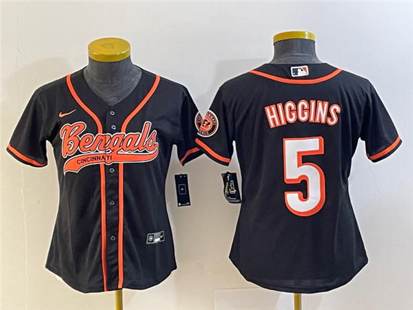 Women's Cincinnati Bengals #5 Tee Higgins Black With Patch Cool Base Stitched Baseball Jersey(Run Small)